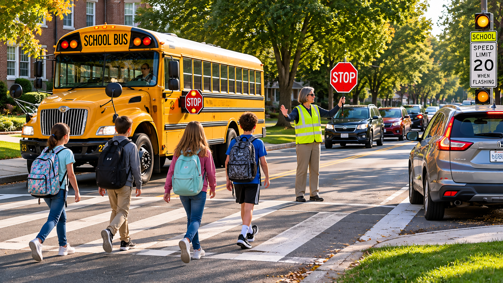 BST-Article-81826-FI School bus and children crossing a busy street during back-to-school traffic