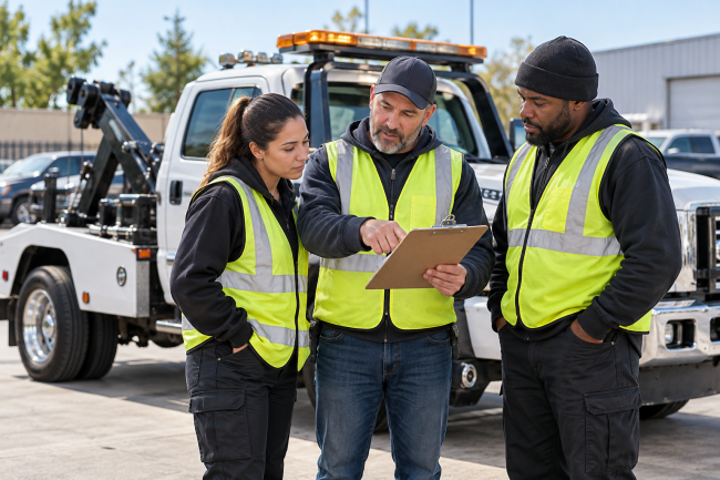 Recovery professionals reviewing a safety checklist beside a tow truck.